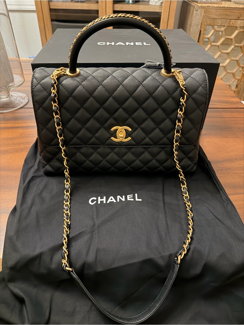 Authentic CHANEL Black Quilted Leather Top Handle Shoulder bag w/Gold Hardware